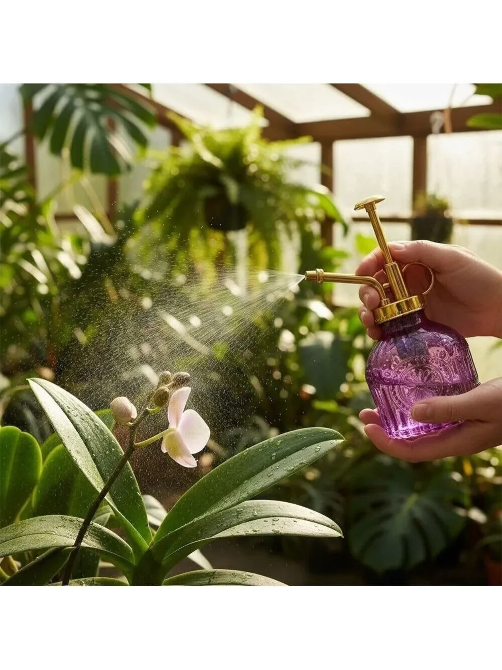 Purple Glass Plant Mister Spray Bottle Gold Pump Orchid Bonsai Air Plant